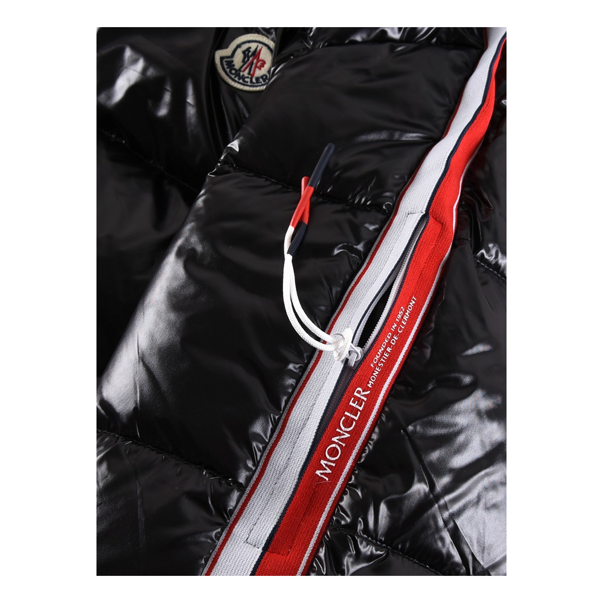 Moncler Tricolour Sleeve-Stripe Glossy Hooded Puffer Jacket