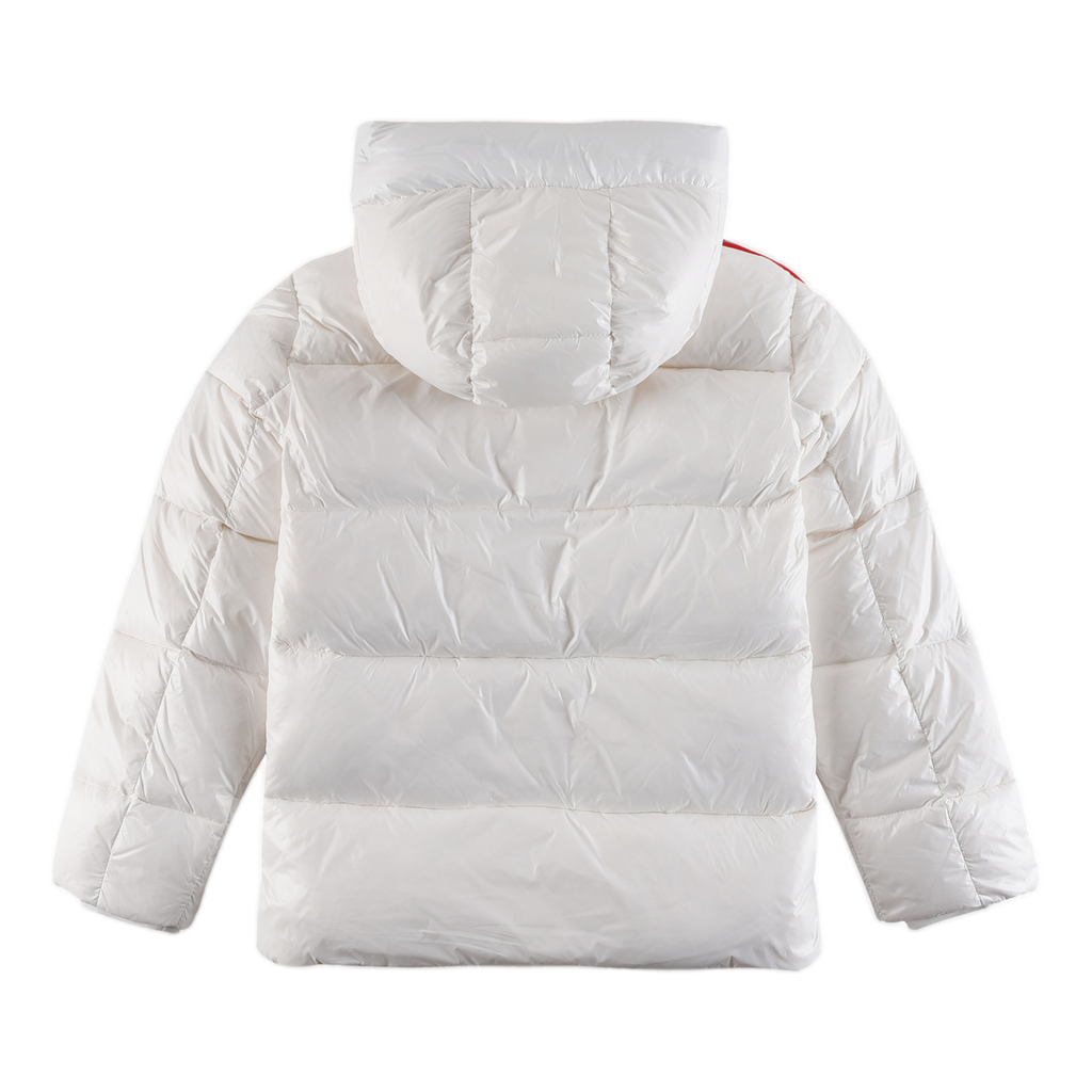 Moncler Tricolour Sleeve-Stripe Glossy Hooded Puffer Jacket