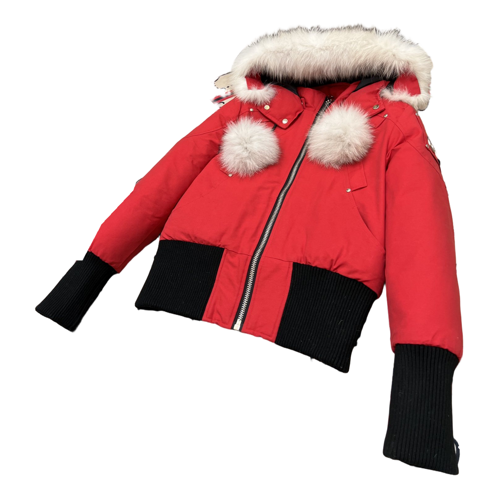 Moose Knuckles Debbie Pom-Pom Hooded Bomber Jacket – Red
