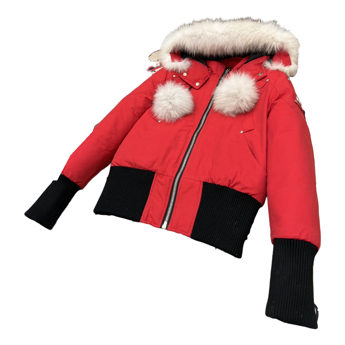 Moose Knuckles Debbie Pom-Pom Hooded Bomber Jacket – Red