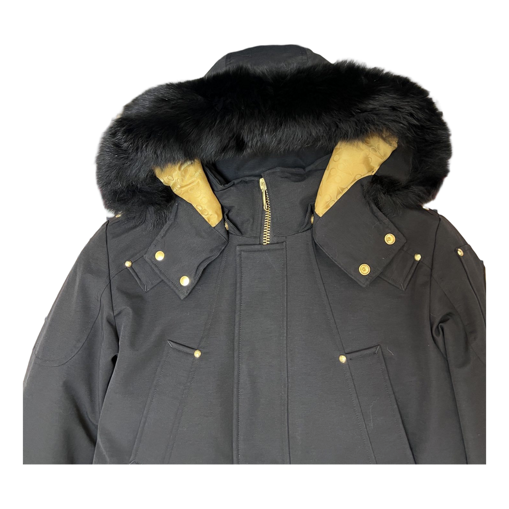Moose Knuckles Gold-Lined Fur-Trim Long Parka – Black